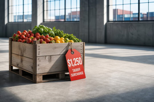 Wooden shipping crate overflowing with strawberries herbs citrus on warehouse dock with red $1,250 tariff surcharge price tag highlighting import costs supply chain disruption and food inflation