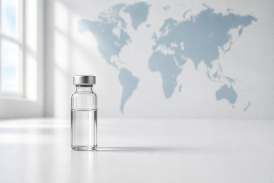 vial of clear vaccine solution on white laboratory surface with world map backdrop symbolizing disease eradication WHO declaration global health milestone epidemic control immunization