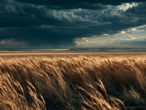 Vast golden wheat field under a dramatic sky, ultra realistic landscape photography, cinematic photorealistic style, suited for corporate presentation