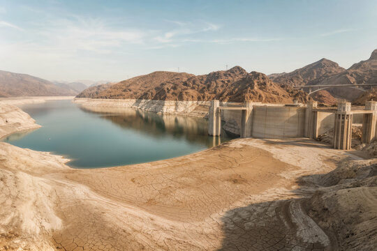Massive concrete hydroelectric dam with dramatically low reservoir and pale bathtub ring over exposed canyon walls illustrating drought water scarcity and energy crisis summer heatwave