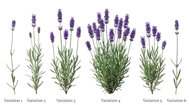 Six variations de plantes et brins de lavande isol&eacute;s