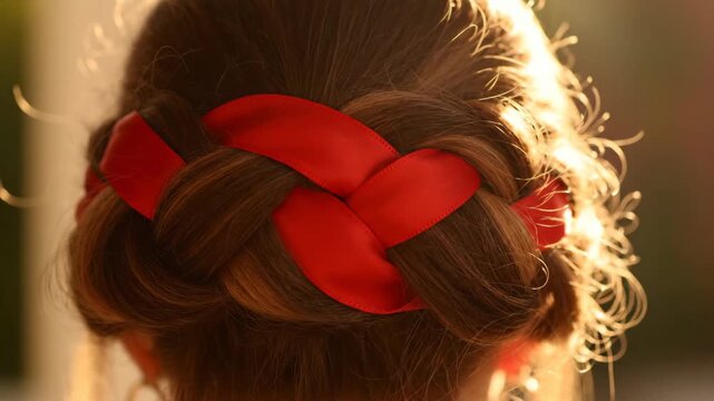Close-up of a woman's hair braided with a vibrant red ribbon