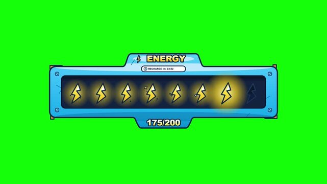 Animated game energy bar charging up with lightning icons on green screen