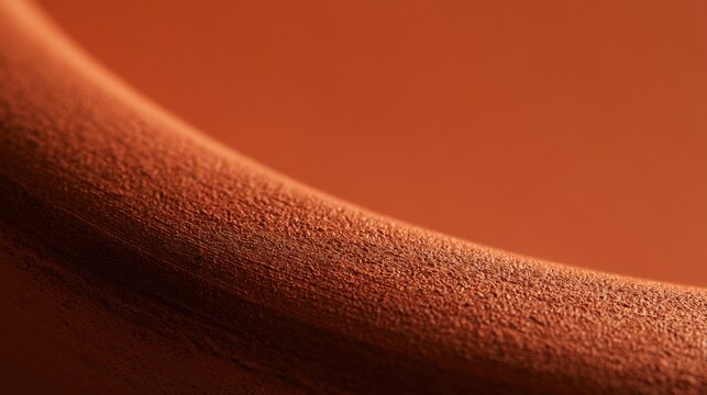 This close-up shows the surface texture of a terracotta flowerpot with a matte clay finish. The warm background enhances the subtle age of the clay.