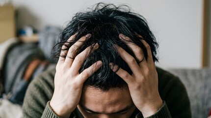 Fototapeta premium 頭を抱えて激しく悩む男性のクロースアップ