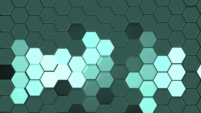 Monochrome hexagonal tile pattern background animation, hexagonal tile pattern with lighter hexagons forming abstract shapes against darker background