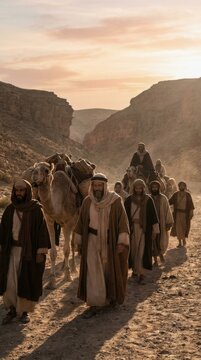 Sacred desert trek: historic Hijrah, holy Migration, Medina destination, camel caravan, ancient path, weary traveler, rocky canyon, spirit journey, devout believer, exile escape.