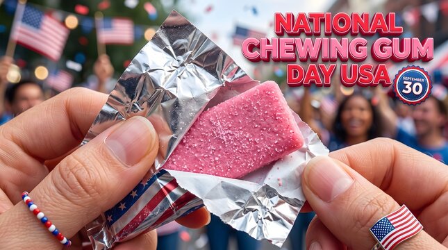 National Chewing Gum Day USA, Pink chewing gum pack in hand, American flag background, sugar free candy snack, patriotic celebration, close up of fingers holding wrapped pink gum