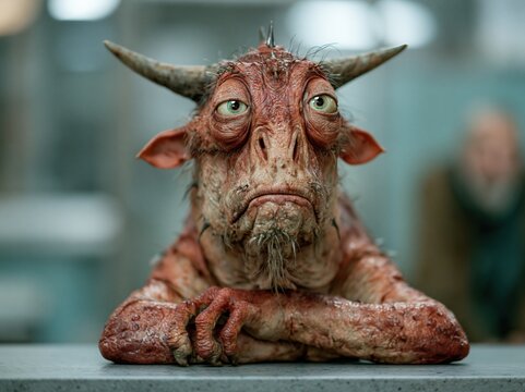 Close-up portrait of a sad, horned fantasy creature