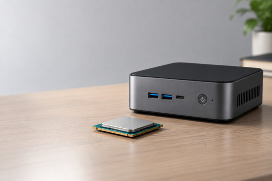 Mini PC with computer chip on desk, technology and compact computing concept