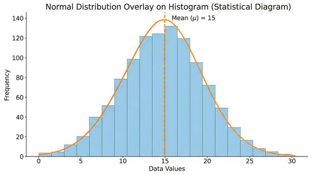 Normal distribution curve overlay on a blue statistical histogram chart showing data frequency and mean value