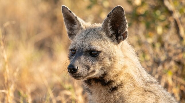 Aardwolf Portrait: A close-up portrait of an aardwolf in its natural habitat, with piercing eyes and distinctive striped fur, capturing its unique and somewhat misunderstood appearance.
