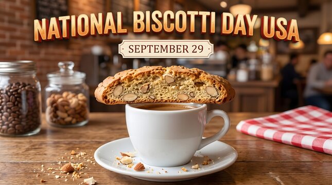 National Biscotti Day USA September 29, Italian_cookie_dipped_in_coffee_cup, homemade_bakery_snack_with_hazelnuts, warm_rustic_food_photography_with_text_overlay
