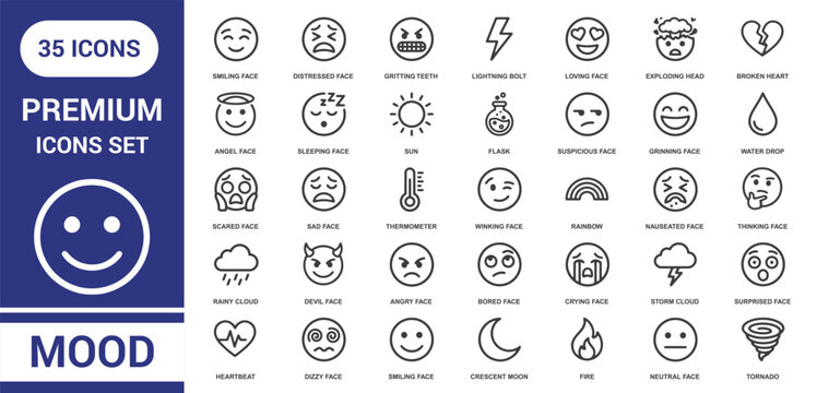 Extensive set of thirty-five mood and emotion line icons featuring various facial expressions and weather related symbols on white background