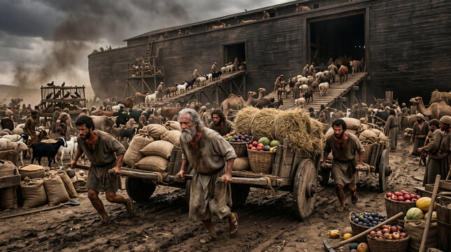Noah and his sons frantically gathering massive, overwhelming stores of grain, fruit, and hay to stock the interior of the Ark