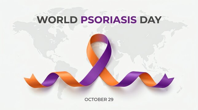 World Psoriasis Day Awareness Concept with Orange and Purple Ribbon on World Map Background