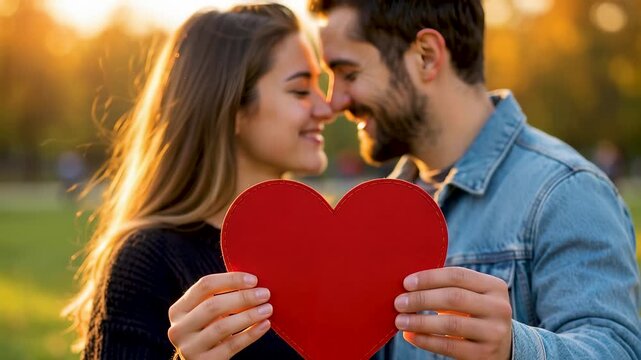 Happy young couple holding red heart symbol during romantic sunset in autumn park