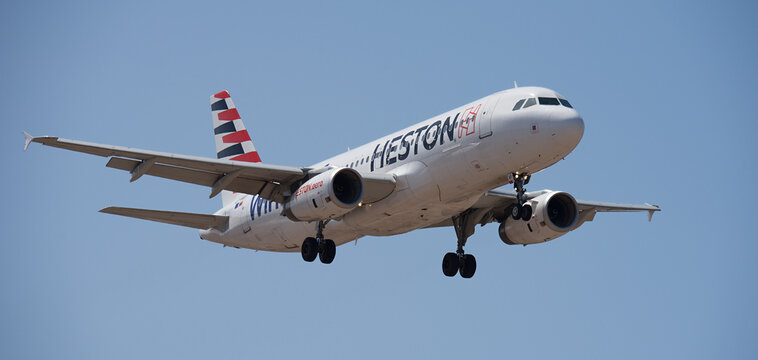 Tenerife, Spain September 6st, 2026. Airbus A320-232 Heston Airlines flies in the blue sky. Landing at Tenerife Airport