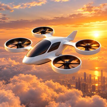 Futuristic Electric Air Taxi Flying Above a Modern City at Golden Sunset, Advanced eVTOL Aircraft and Next Generation Urban Air Mobility Concept