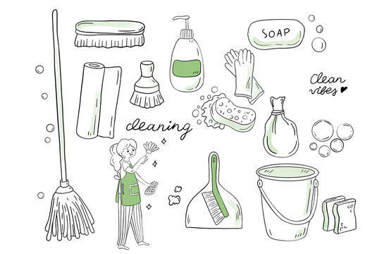 Cleaning tools doodle set with housekeeper woman, bucket, broom, liquid soap, and sponge vector illustration