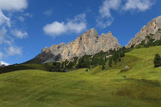 Mountain Cir and Sass Ciampac Alta Badia Valley near Colfosco and Corvara, Dolomites , Trentino, Alto Adige, Sudtirol, South Tyrol, Italy	
