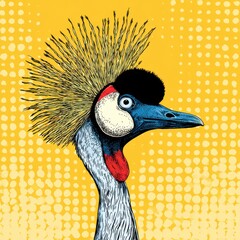 Fototapeta premium Graphic Illustration Of A Grey Crowned Crane Head On A Vibrant Pop Art Yellow Dotted Background