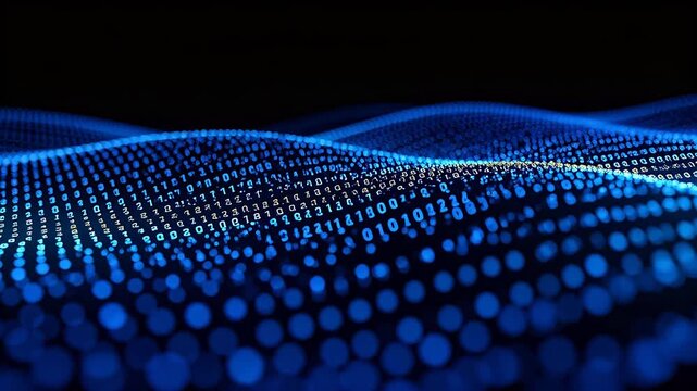 Abstract digital waves with blue glowing dots and binary code on dark background