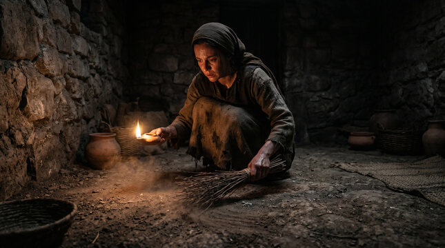 The Parable of the Lost Coin. A woman frantically sweeping the dirt floor of her dark house with a broom, holding a glowing oil lamp