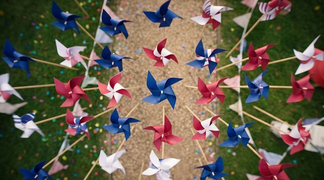 High angle shot of patriotic pinwheels on wooden sticks over gravel path and green lawn