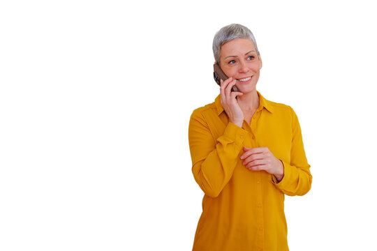 Mature woman communicating on smartphone, smiling while talking, enjoying mobile conversation on transparent background