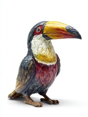Fototapeta premium Handcrafted Wooden Toucan Sculpture With Textured Details Standing Isolated On A White Background