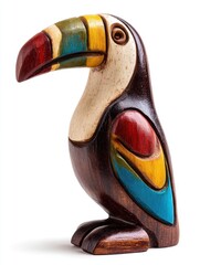 Fototapeta premium Handcrafted Wooden Toucan Sculpture Painted With Vibrant Colors Against A White Isolated Background