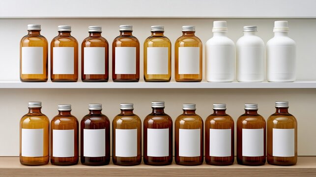Closeup of brown glass medicine bottles and white plastic pill bottles on pharmacy shelf, transparent bottles filled with pills, modern healthcare and pharmaceutical supply chain concept.