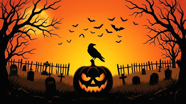 A spooky halloween background featuring a glowing jack o lantern with a perched black raven in a dark graveyard at sunset