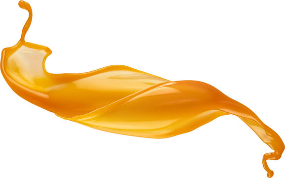 Orange juice splashes, flowing streams Isolated on white background