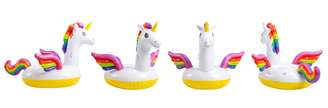 Inflatable Unicorn Pool Float Collection with Rainbow Wings Isolated