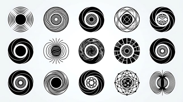 Set of black circular geometric shapes and abstract vortex icons with swirling lines and patterns for modern graphic design projects