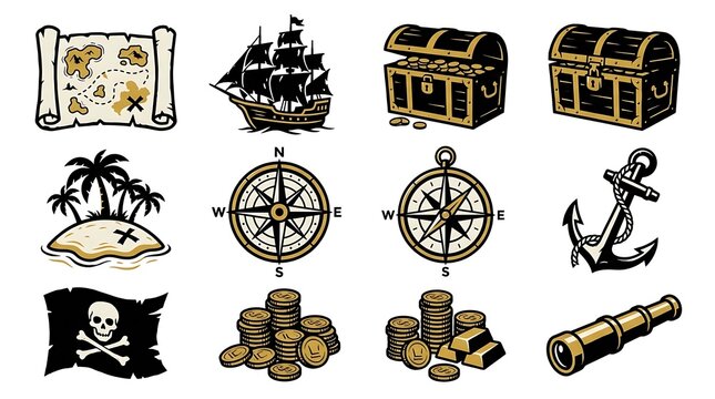 Vintage pirate icon set with treasure chest and map. Nautical adventure illustrations. Retro gold coins and ship graphics.