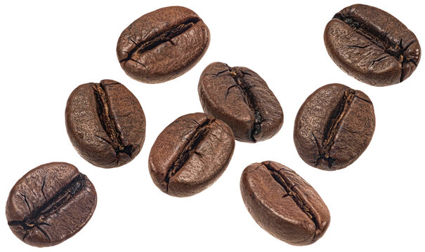 Falling coffee beans isolated on white background