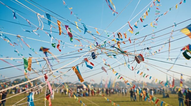Vibrant kite festival scene with tangled manja strings and multicolored flags against clear blue sky