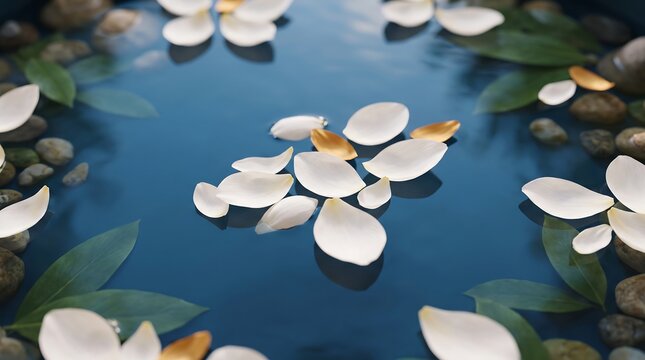 White and gold flower petals floating on blue water surface with pebbles and green leaves