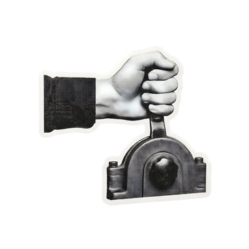 Hand pulling industrial power lever switch in vintage halftone comic book style with dot shading pattern and retro aesthetic isolated on white on transparent background.