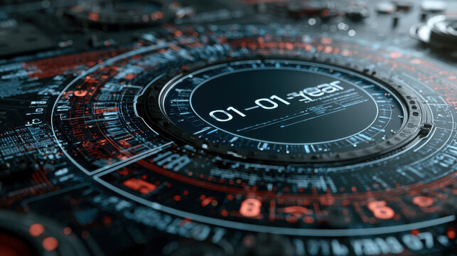 Futuristic digital dashboard display shows circular countdown timer and complex electronic circuitry.