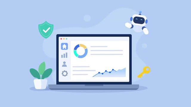 Animated video showing a laptop with a cloud analytics dashboard, performance charts, security shield, and key icons on a soft blue background.