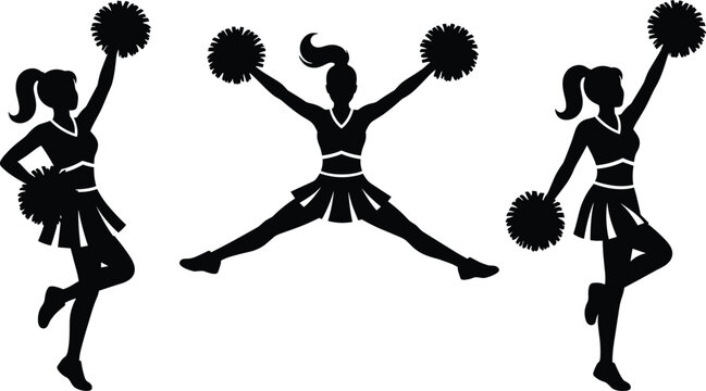 Cheerleader Silhouette Set Pom Poms Jumping Poses Cheerleading Team Vector Illustration