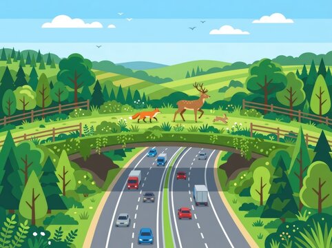 Wildlife overpass bridge crossing above busy highway with cars. Deer fox and rabbit walking over green ecoduct in forest. Animal habitat connectivity and nature conservation