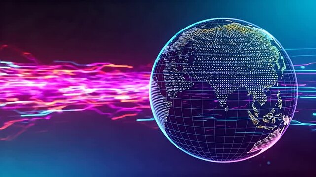 Digital earth globe with blue grid points and colorful connecting lines