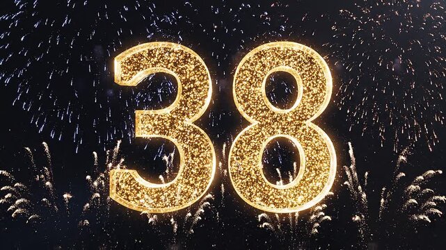 Golden Birthday Number 38 with Fireworks, Gold Particle Animation