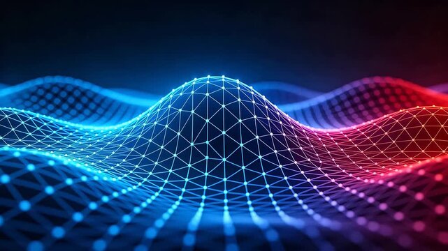 Abstract digital network surface with blue and red gradient dots and lines on dark background
