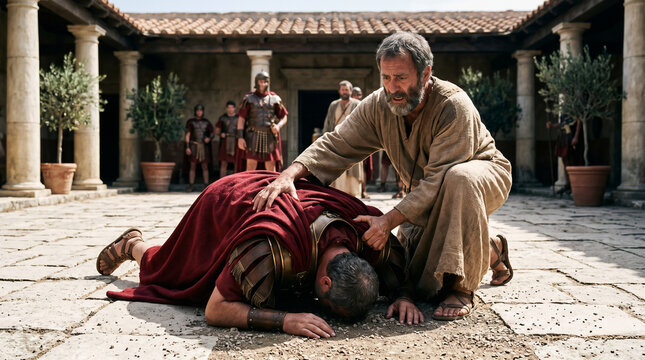 The Apostle Peter arriving at Caesarea and lifting up the Roman Centurion Cornelius, who had fallen at his feet to worship him